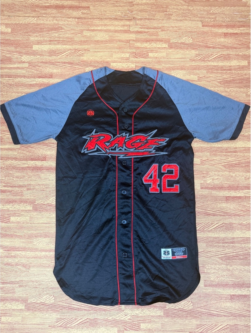 Rage #42 Baseball Jersey Black Gray Red Button Front Size Small